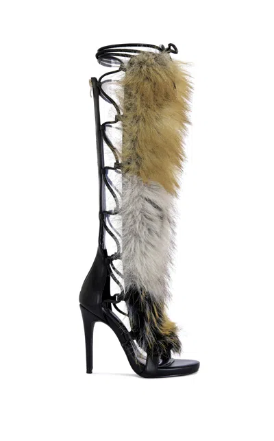 Azalea Wang Women's Stamos Brown Faux Fur Gladiator Sandals In Multi