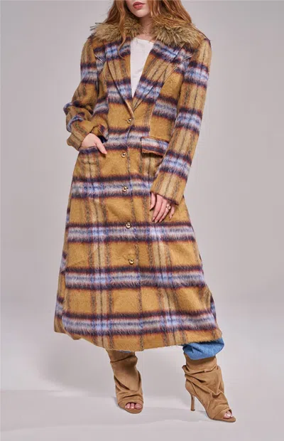 Azalea Wang Women's Talora Tan Plaid Long Faux Fur Trench Coat In Brown