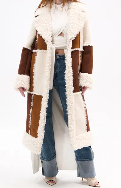 Azalea Wang Women's Telluride Tan Faux Fur Patchwork Shearling Coat In Brown