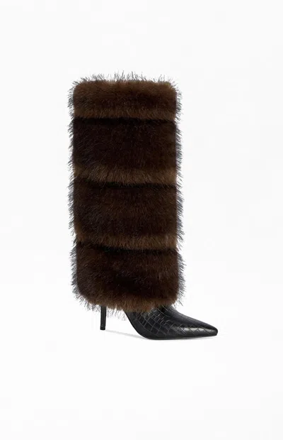 Azalea Wang Women's Zenthra Chocolate Faux Fur Stiletto Boots In Multi