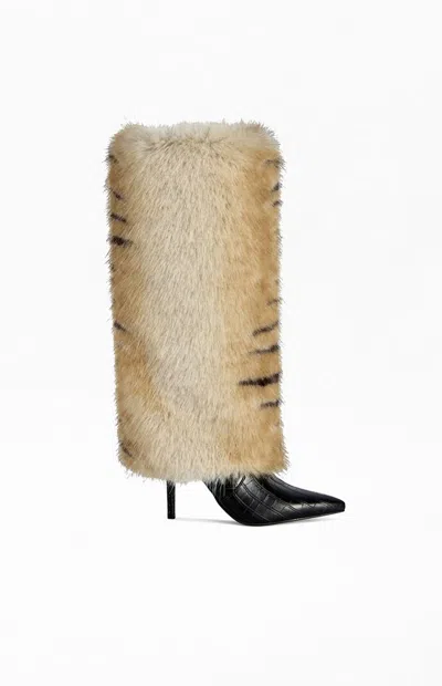 Azalea Wang Women's Zenthra Cream Faux Fur Stiletto Boots In Black/cream