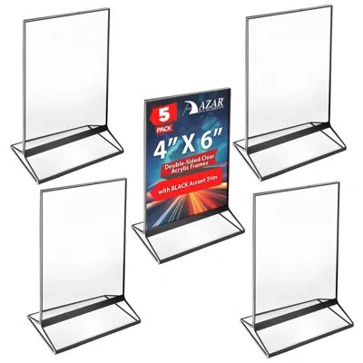Azar Displays Double-sided Clear Acrylic Frames With Black Accent Trim 4" Wide X 6" High, 5 Pack