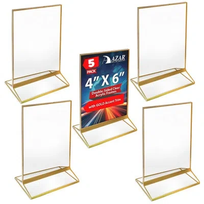 Azar Displays Double-sided Clear Acrylic Frames With Gold Accent Trim 4" Wide X 6" High, 5 Pack