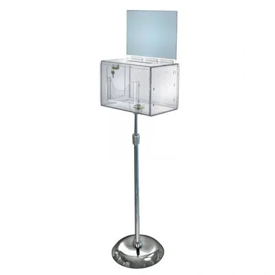 Azar Displays Extra Large Clear Lottery Box On Adjustable Pedestal Floor Stand W/ Pocket, Lock & Keys On Pedestal