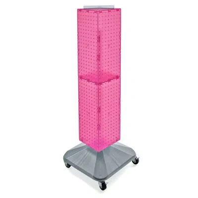 Azar Displays Four-sided Pegboard Floor Display On Revolving Wheeled Base. Spinner Rack Tower. Panel Size: 8"w X 4 In Pink