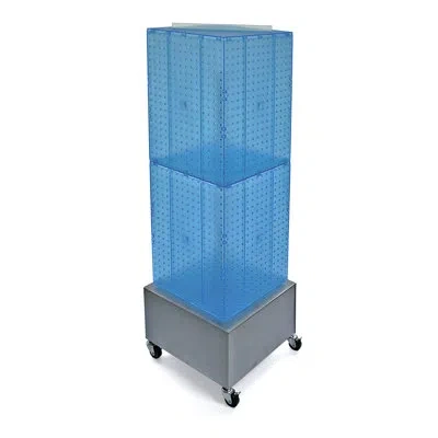 Azar Displays Four-sided Pegboard Tower Floor Display On Metal Wheeled Base. Spinner Rack Stand. Panel Size: 14"w  In Blue