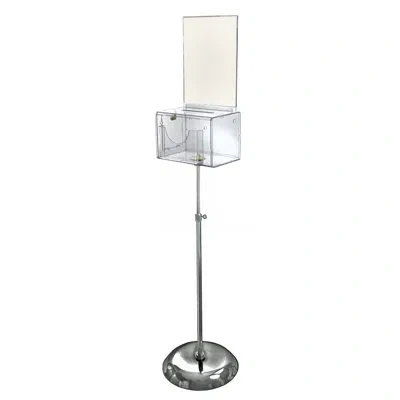 Azar Displays Large Clear Lottery Box With Pocket, Lock And Keys On Pedestal