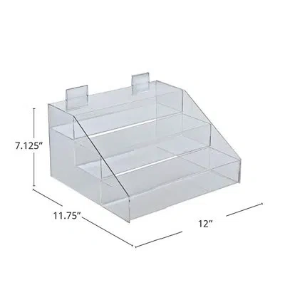 Azar Displays Three-tier Shelf, 3 Compartment Counter Step Display, 12" Wide In Clear
