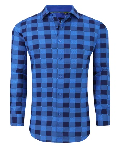 Azaro Uomo Men's Plaid Four-way Stretch Button Down Slim Fit Shirt In Royal