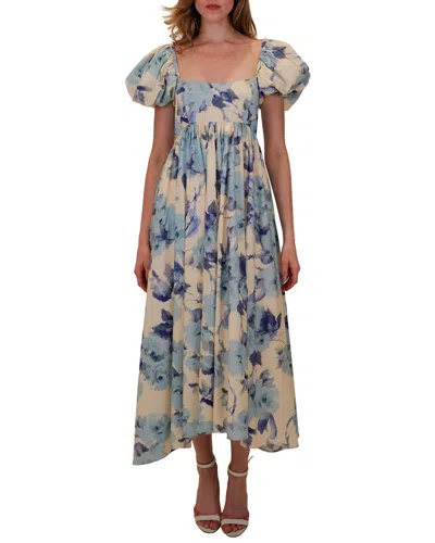 Azeeza Rory Puff-sleeve Floral Midi Dress In Blue