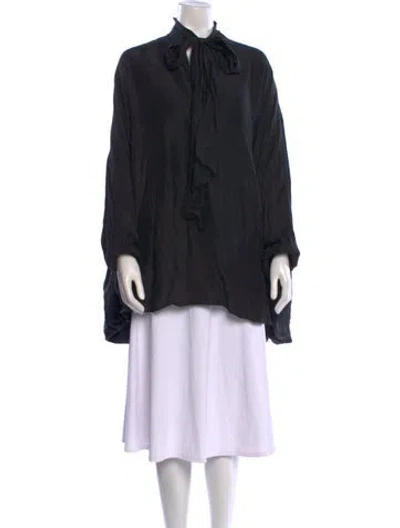 Pre-owned Azeeza Silk Tie Neck Button-up Top In Black