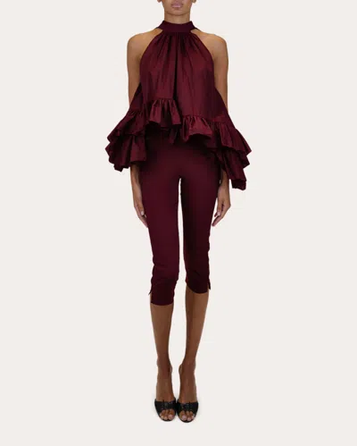 Azeeza Women's Plath Poplin Asymmetric Ruffle Halter Top In Red