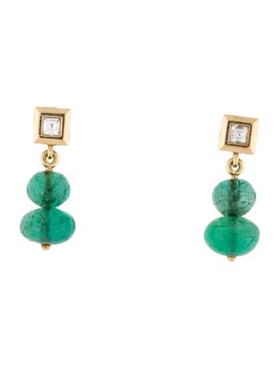 Pre-owned Azlee 18k Emerald & Diamond Moss Drop Earrings In Multi