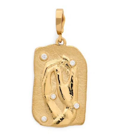 Azlee Large Yellow Gold And Diamond Collide Relic Coin Charm In Neutral