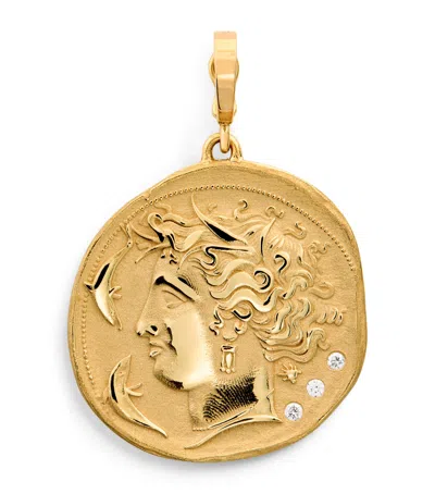 Azlee Large Yellow Gold And Diamond Goddess Coin Charm