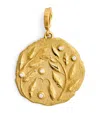 Azlee Large Yellow Gold And Diamond Olive Branch Coin Charm In Gold