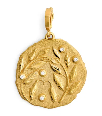 Azlee Large Yellow Gold And Diamond Olive Branch Coin Charm