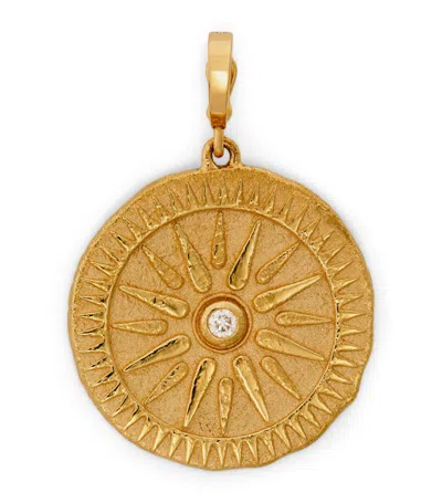 Azlee Large Yellow Gold And Diamond Sunburst Coin Charm