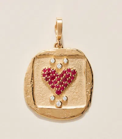 Azlee Large Yellow Gold, Diamond And Pavé Ruby Coin Amour Charm