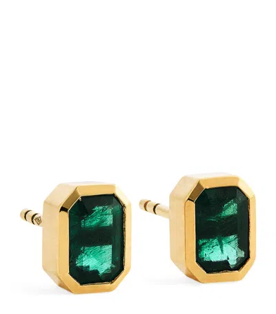 Azlee Medium Yellow Gold And Emerald Stud Earrings In Green
