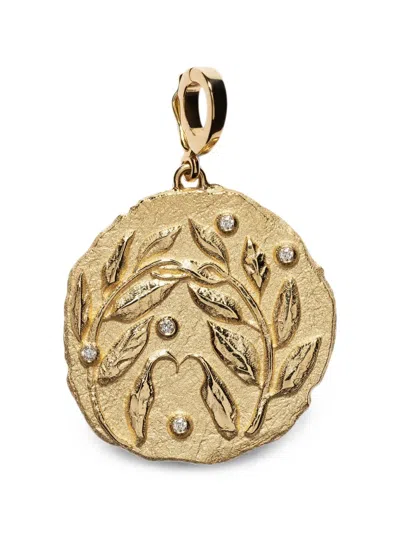 Azlee Olive Branch Large Coin Charm Necklace In Gold