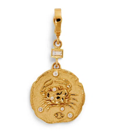 Azlee Small Yellow Gold And Diamond Cancer Coin Charm