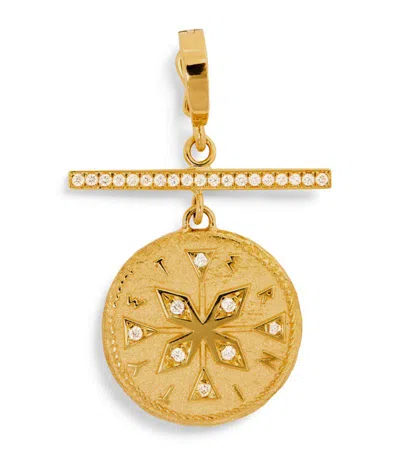 Azlee Small Yellow Gold And Diamond Compass Coin Charm