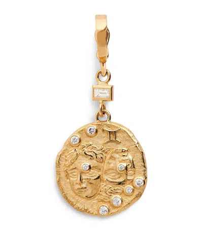 Azlee Small Yellow Gold And Diamond Gemini Coin Charm