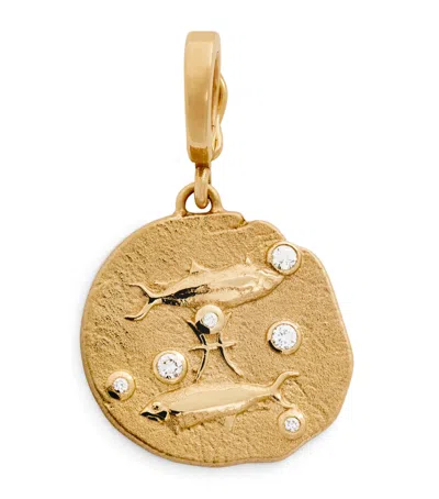 Azlee Small Yellow Gold And Diamond Pisces Coin Charm