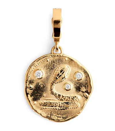 Azlee Small Yellow Gold And Diamond Snake Coin Charm