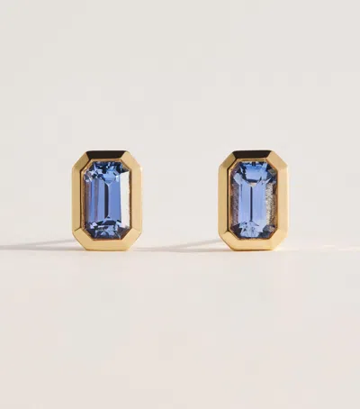 Azlee Small Yellow Gold And Sapphire Stud Earrings In Blue