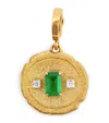 Azlee Small Yellow Gold Diamond And Emerald Trio Coin Charm In Gold