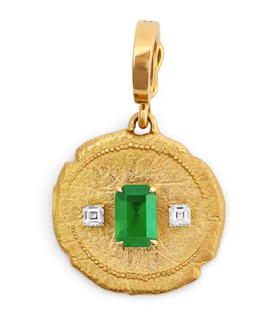 Azlee Small Yellow Gold Diamond And Emerald Trio Coin Charm