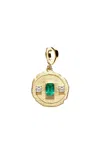 Azlee Trio Small Emerald Coin Charm In 18k Yellow Gold & Emerald