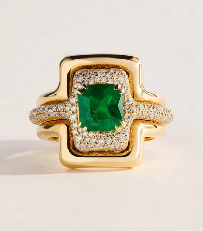 Azlee X Gemfield's Yellow Gold, Pavé Diamond And Emerald Origins Contour Ring