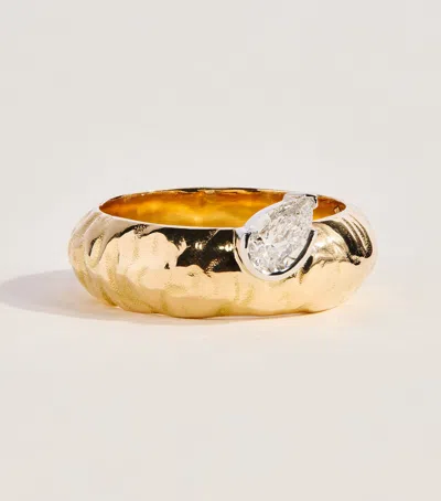 Azlee Yellow Gold And Diamond Weathered Dewdrop Ring
