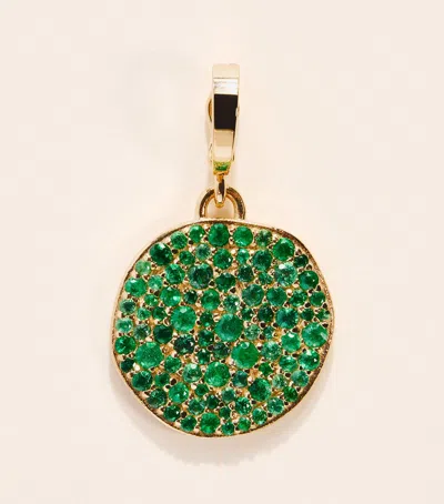 Azlee Yellow Gold And Emerald Coins Charm In Green