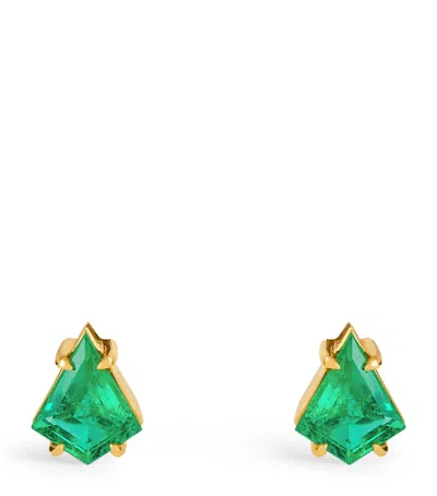 Azlee Yellow Gold And Emerald Kite Stud Earrings