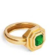 Azlee Yellow Gold And Emerald Staircase Square Ring In Gold