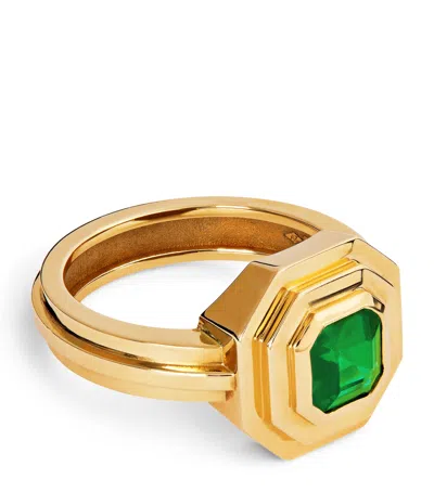 Azlee Yellow Gold And Emerald Staircase Square Ring