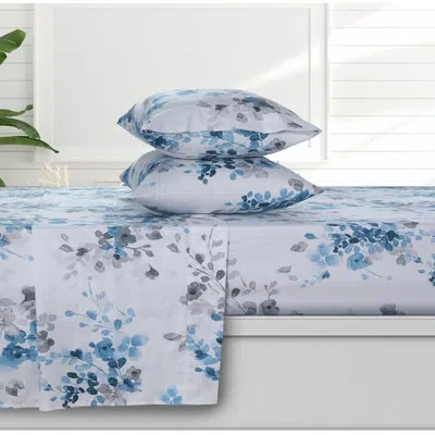 Azores Home 300 Thread Count Floral 100% Cotton Sheet Set In Blue;gray