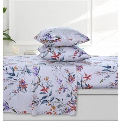 Azores Home 300 Thread Count Floral 100% Cotton Sheet Set In White;green;red