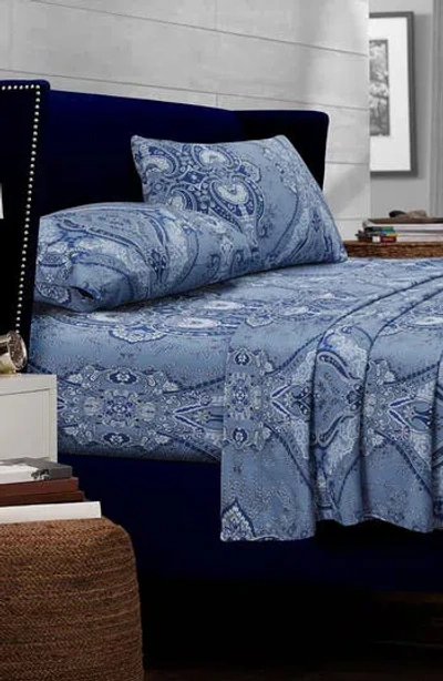 Azores Home Atlantis Floral Print Cotton Sheet Set In Blue