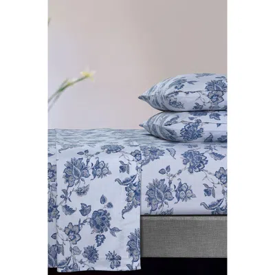 Azores Home Ayana Floral Cotton Flannel Sheet Set In Blue