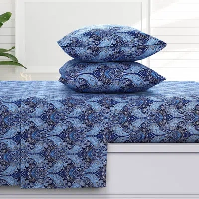 Azores Home Paisley 100% Cotton Flannel Sheet Set In Blue