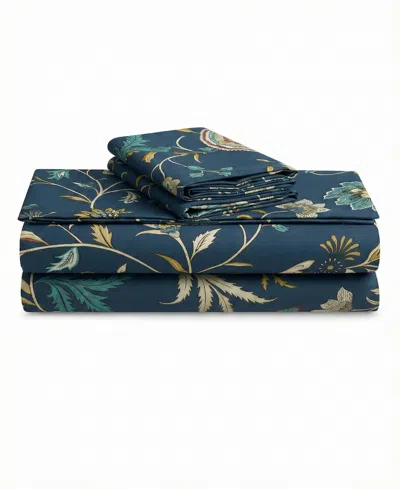 Azores Home Printed 300 Thread Count Cotton Deep Pocket 4-piece Sheet Set, Queen In Blue