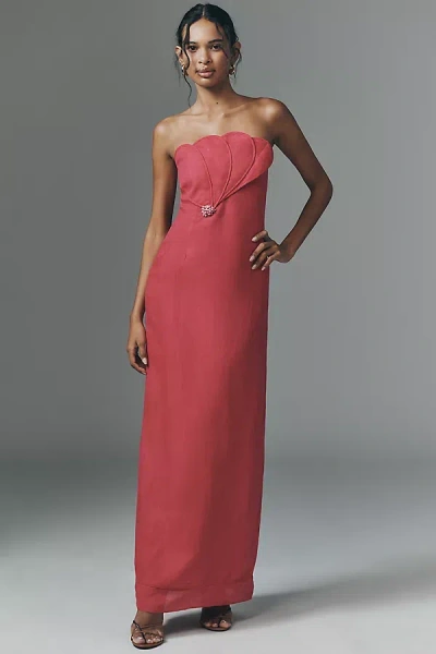 Azulu Bianca Beaded Linen Strapless Maxi Column Dress In Pink