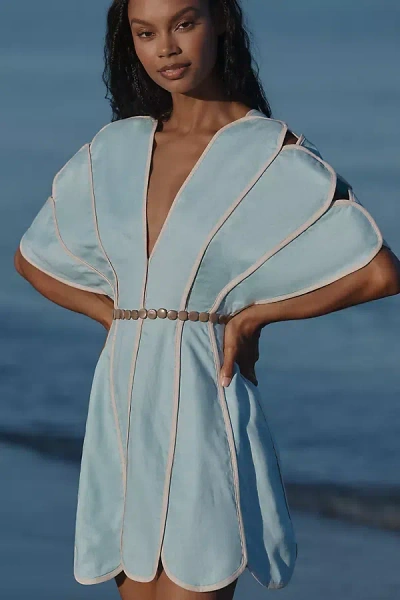 Azulu Namika Linen Scallop Mini Dress In Blue