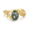 Azura Jewelry New York Women's Between The Leaf Oval Moss Agate Ring Solid Yellow Gold© In Gold