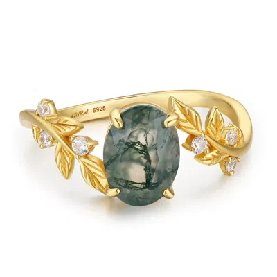 Azura Jewelry New York Women's Between The Leaf Oval Moss Agate Ring Yellow Gold Vermeil©